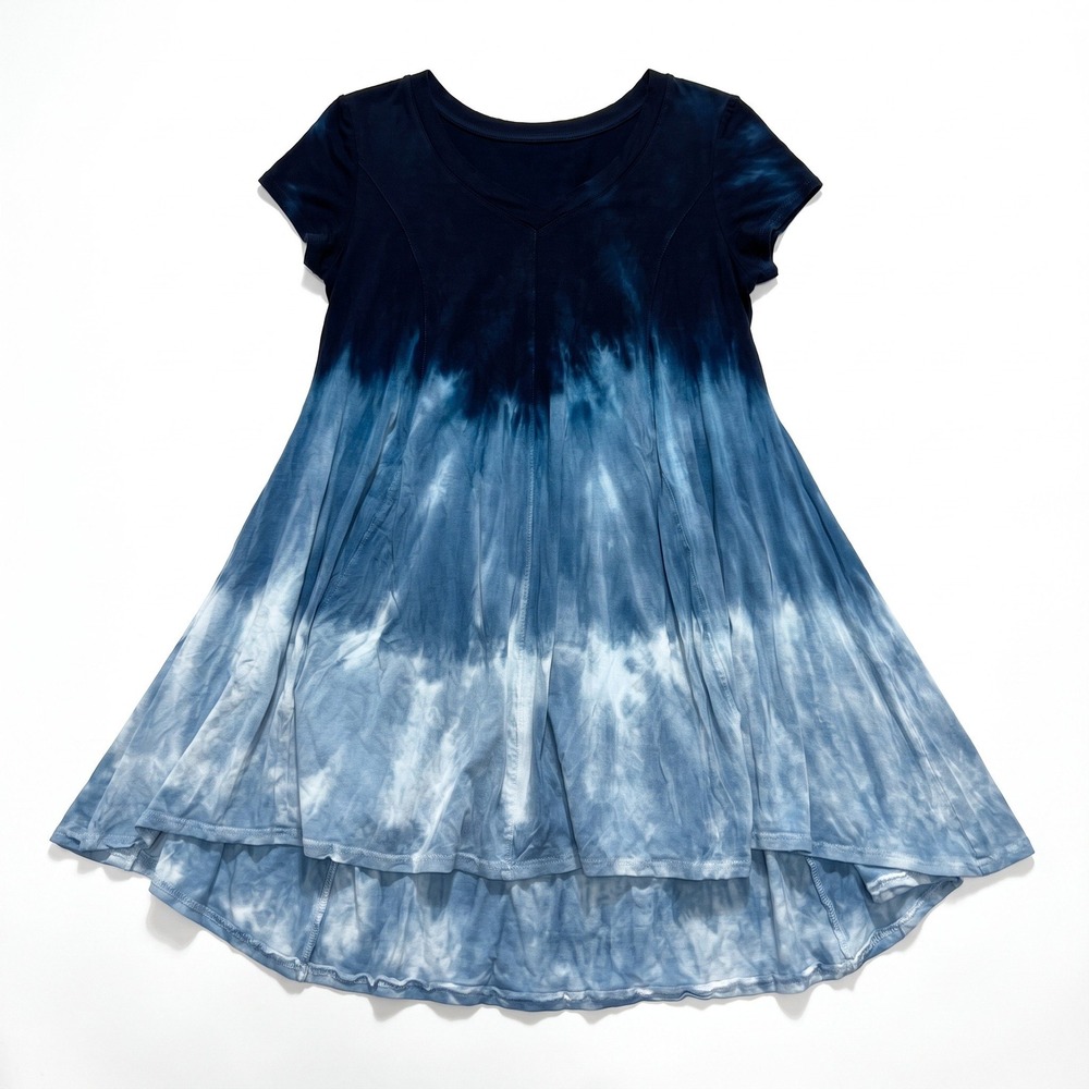 Raya Sun S Navy Blue Tie Dye Short Sleeve High Low Dress Womens Boho Casual